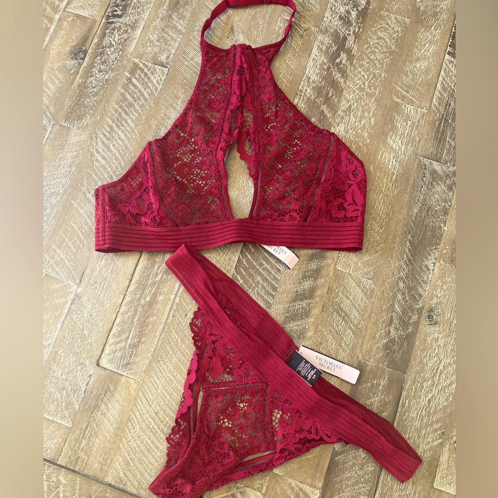 NWT. Victoria’s Secret red lace halter with matching cheekini panties. Size S
